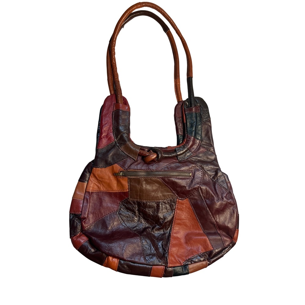 Vintage Patchwork Leather Hobo Shoulder Bag Dual Straps Retro 70s